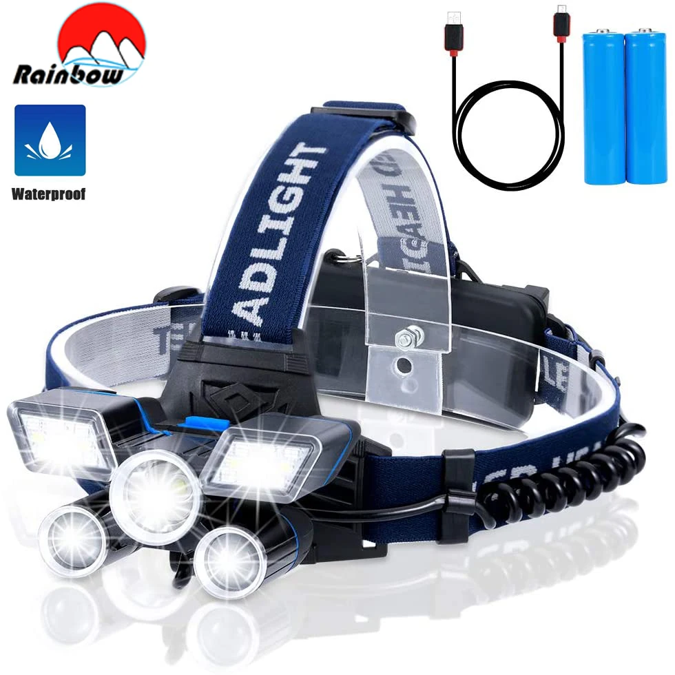 

2025 Ultra Bright T6 L2 LED Headlight With 21*LED Bulbs Waterproof Camping Headlamp 9 Modes Lightweight Head Torch Uses 2x18650