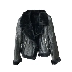 Winter Women Leather Jacket Thick Warm Real Lambs Wool Fur Collar Coat Motorcycle Zipper Outerwear Patchwork Bomber Jacket Short