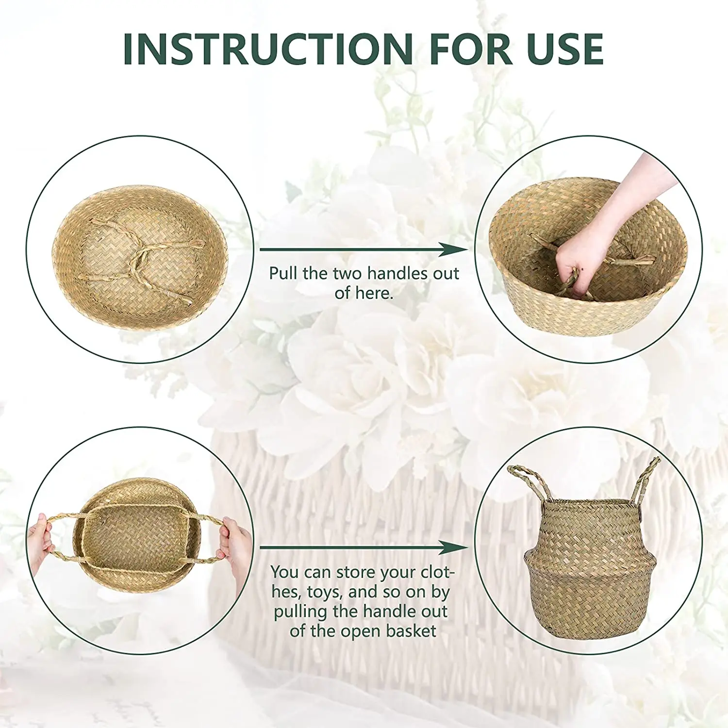 طوي الروطان المنسوجة سلة للزهور Seagrass خزانة ملابس الغسيل سلة الخوص أصائص زرع غطاء الديكور القش حقيبة شاطئية