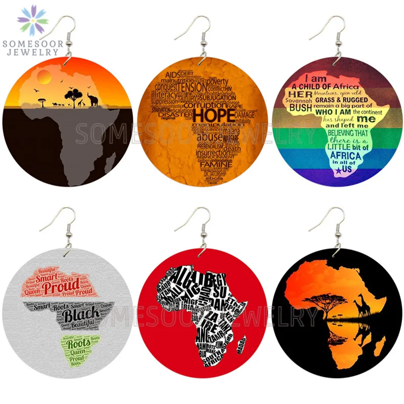 SOMESOOR Colorful Black Roots African Motherland Map Wooden Drop Earrings AFRO HOPE Sayings Eco Designs Jewelry For Women Gifts