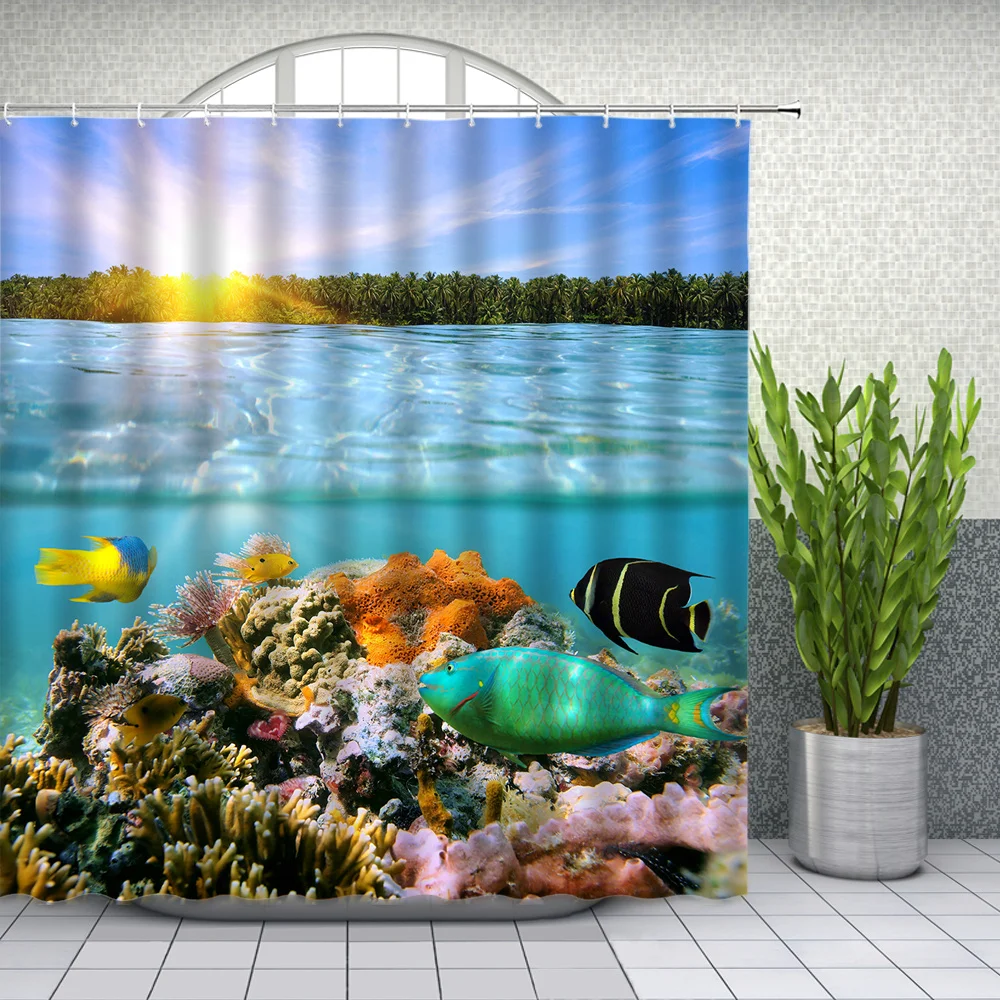 Underwater World Shower Curtains Ocean Animal Shark Dolphin Turtle Bathroom Decor Home Bathtub Waterproof Polyester Curtain Set