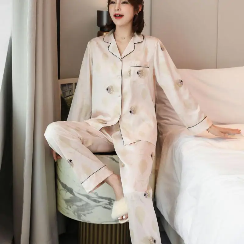 

Women Printed Pajamas Suit Long Sleeve Sleepwear Satin 2PCS PJS Sets Lingerie Turn-down Collar Home Clothes Casual Lounge Wear