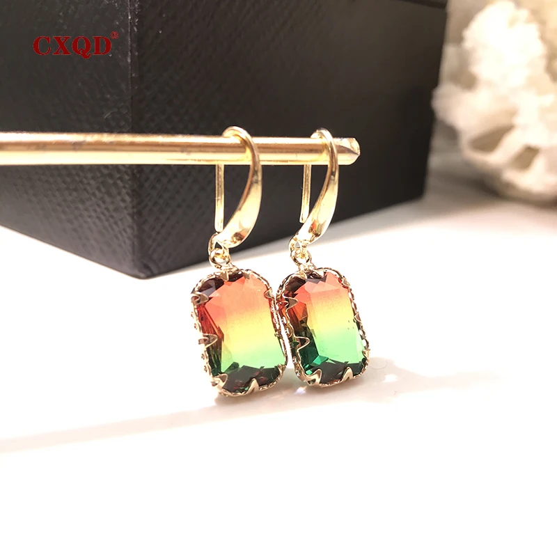 CXQD Fashion Colorful Shiny Transparent Rectangular Dangle Earrings for Women Vintage Crystal Eardrop Statement Wedding Jewelry