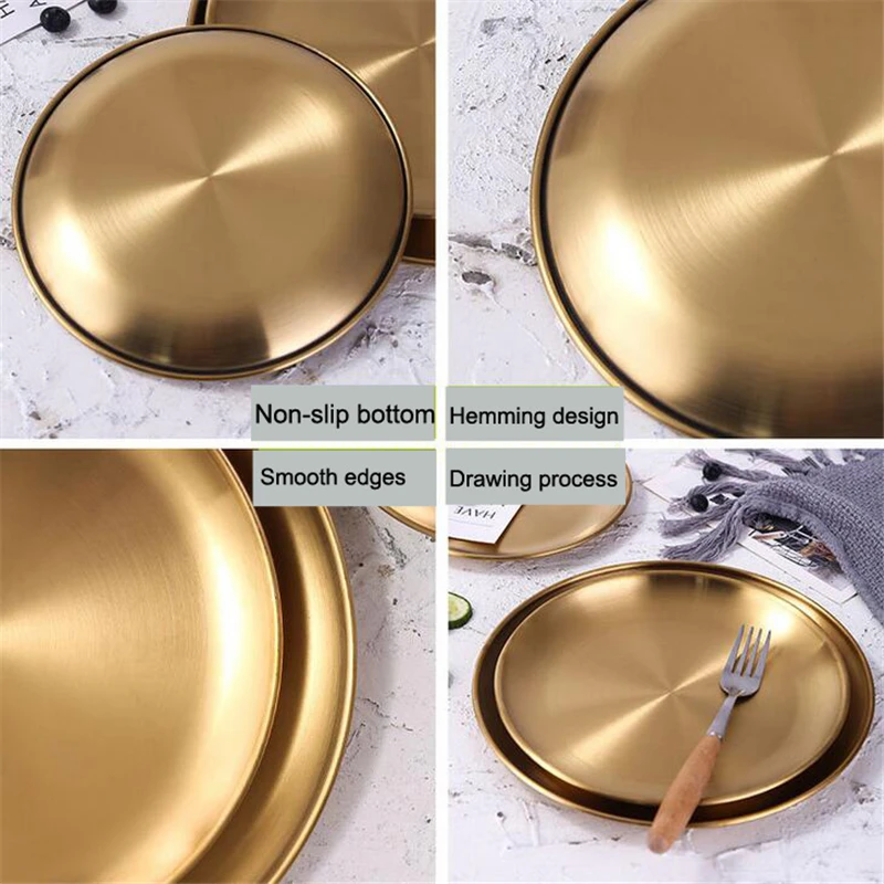 Golden Stainless Steel Storage Tray Luxurious Brass Gold Round Plate Fruit Cake Steak Snack Kitchen Metal Storage tableware Dish