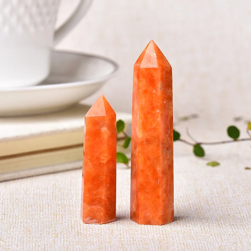 1pc Natural Crystal Point Sunstone Healing Stone Quartz Tower Orange Wand Ornament for Home Decor Reiki Energy Stone Pyramid