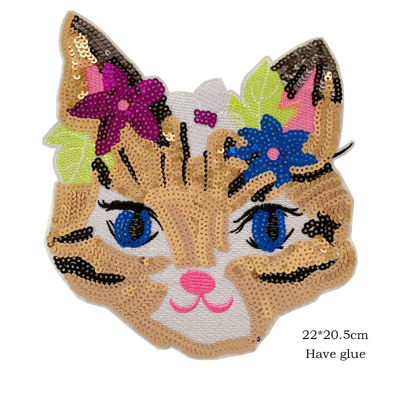 Sequins patch Cat Embroidery patch Cartoon animal BadgeS Wholesale Patches Badges Iron on patches Clothing Accessories