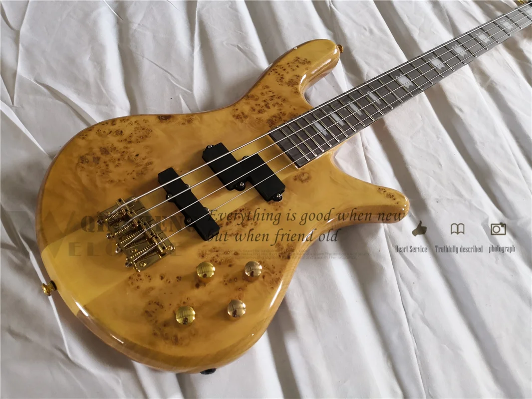 Custom Spe Bass Quilted Maple Veneer Gold Bridge Acitve Battery Maple Through Body Gold Knobs 4 Strings Bass Guitar