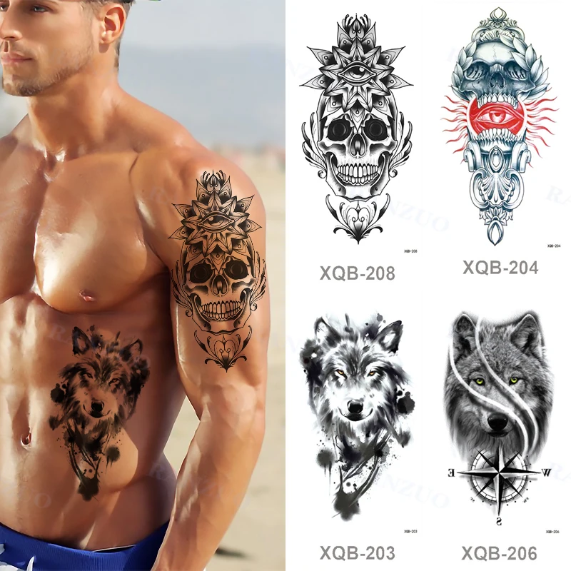 

Waterproof Temporary Tattoo Sticker Black Death Big Skull Wolf Lion King Rose Peony Body Art Man Woman Arm Tattoo