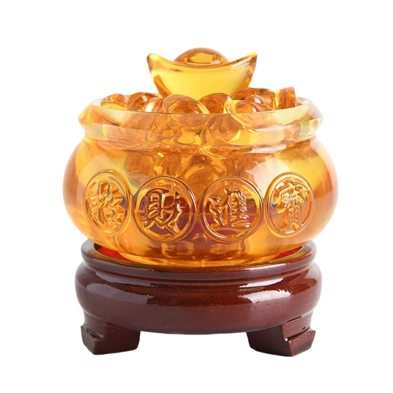 

Yellow Crystal Glaze Chinese Fengshui Wealth Yuanbao Dragon Treasure Bowl Statue Home Decor