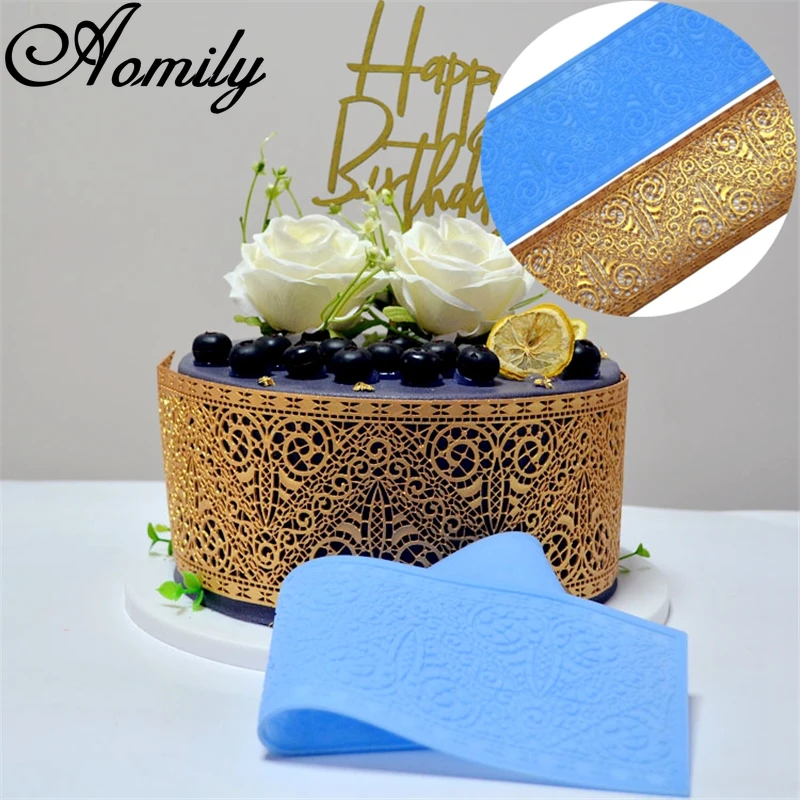 Aomily Triangle Art Sheep Horn Lace Silicone Mold Wedding Cake Border Decoration Tool Fondant Cake 3D Food Grade Mat Baking Mold