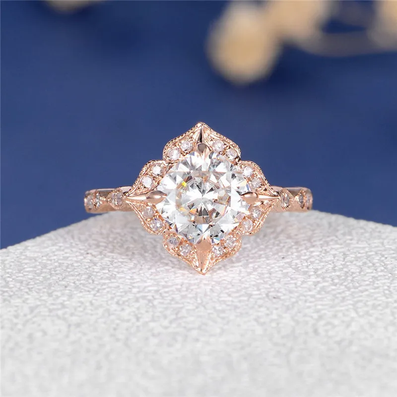 CxsJeremy 14K Rose Gold 2ct Cushion Cut 7mm Moissanite Engagement Ring Art Deco Flower Halo Anniversary Unique Retro Women Ring