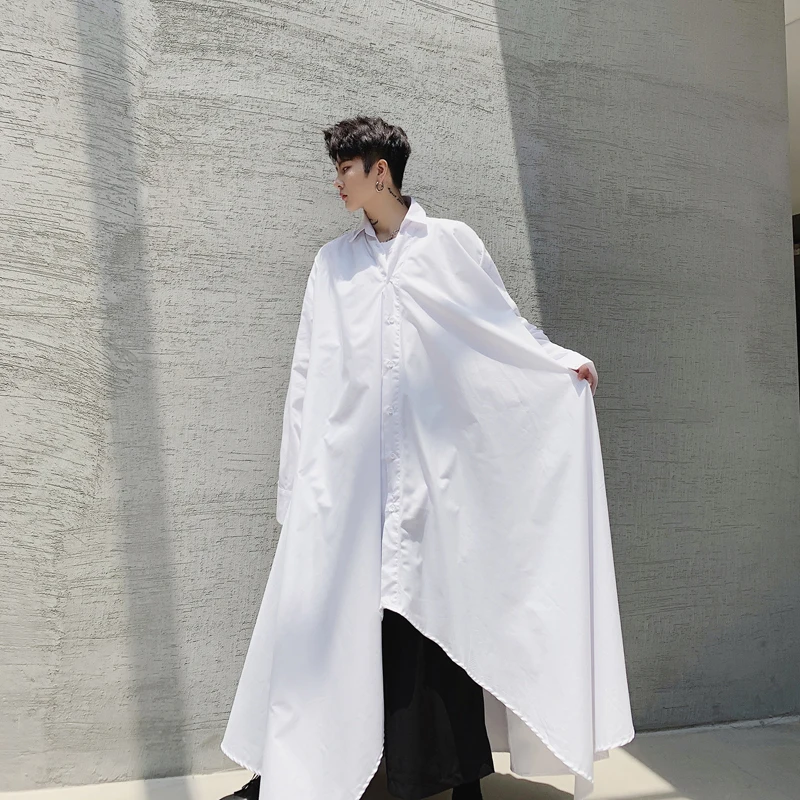 Men Long Sleeve Black White Irregular Rope Shirt Dress Male Women Streetwear Vintage Gothic Long Style Japan Kimono Robe Shirt