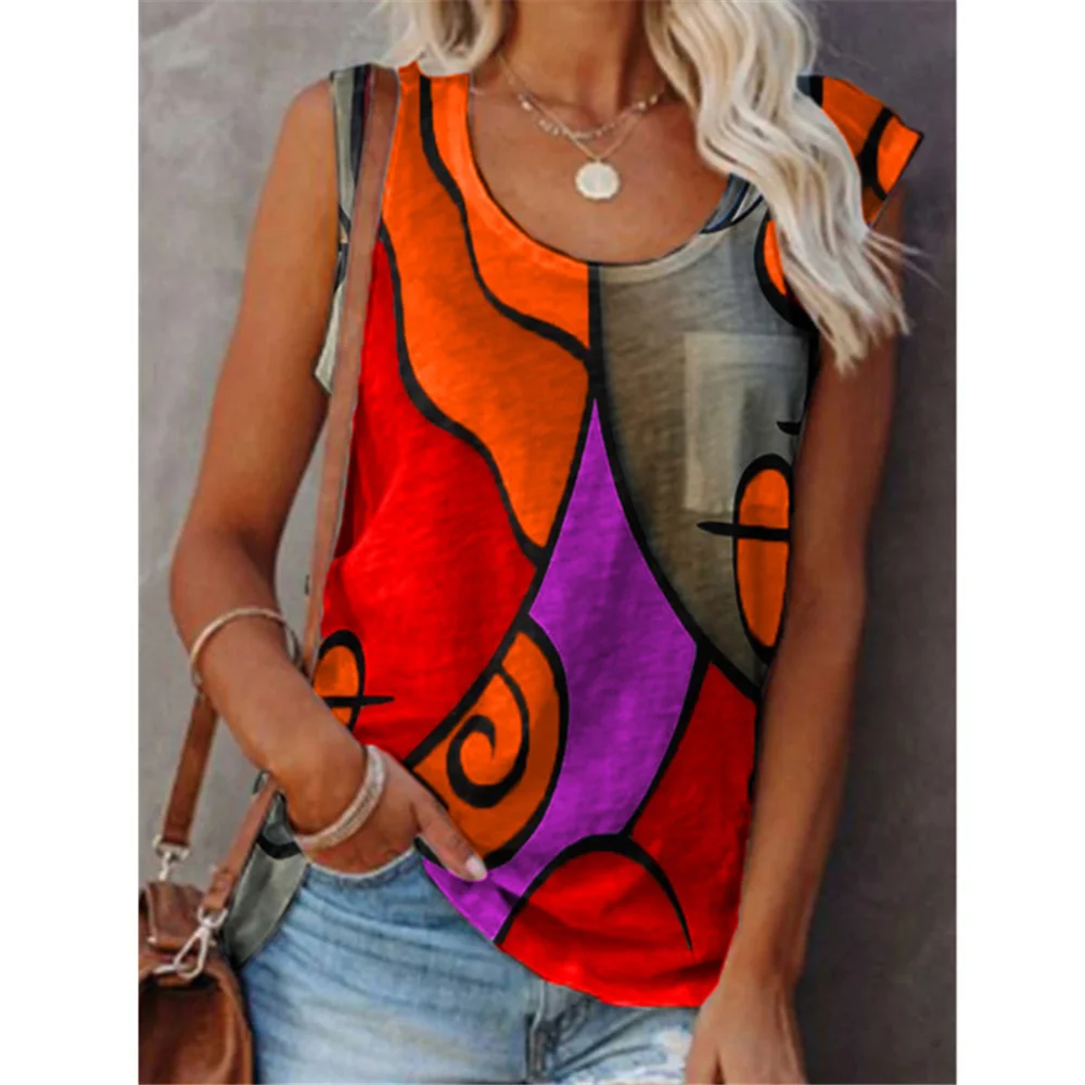 Women's Casual Sleeveless Color Matching T Shirt Tops Fashion Sexy Vest Ladies 2021 Summer Loose Shirt Street Clothing