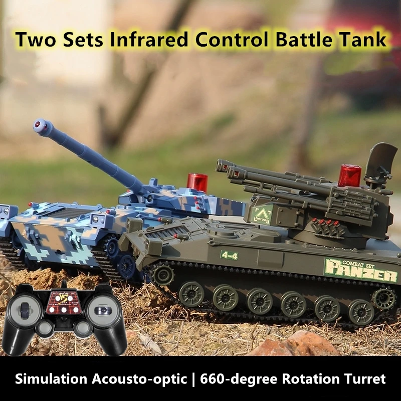 Simulation Infrared Control Armored RC Tank Machine Gun Fire 660 Degree Rotating Shooting Turret Acousto-optic Music RC Tank Toy