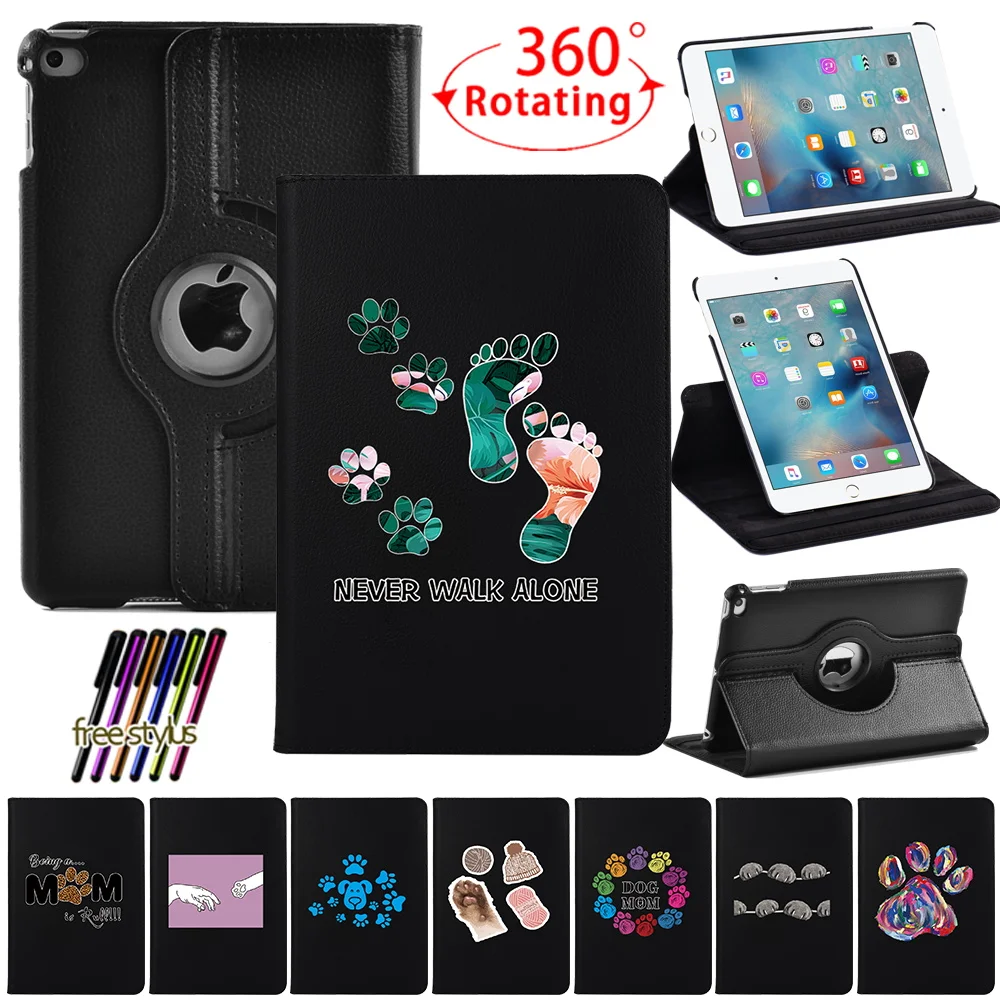 For Apple iPad Mini 4/5 7.9 Inch Leather 360 Rotating Tablet Case Automatic Wake-Up Cover Footprints Series Protective Shell