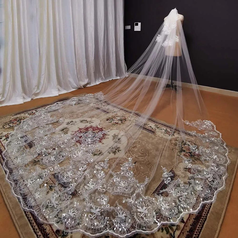 Voile de mariage en dentelle à paillettes, de luxe, avec peigne, voile de mariée, ivoire blanc, 3 mètres, couvre-chef de mariage