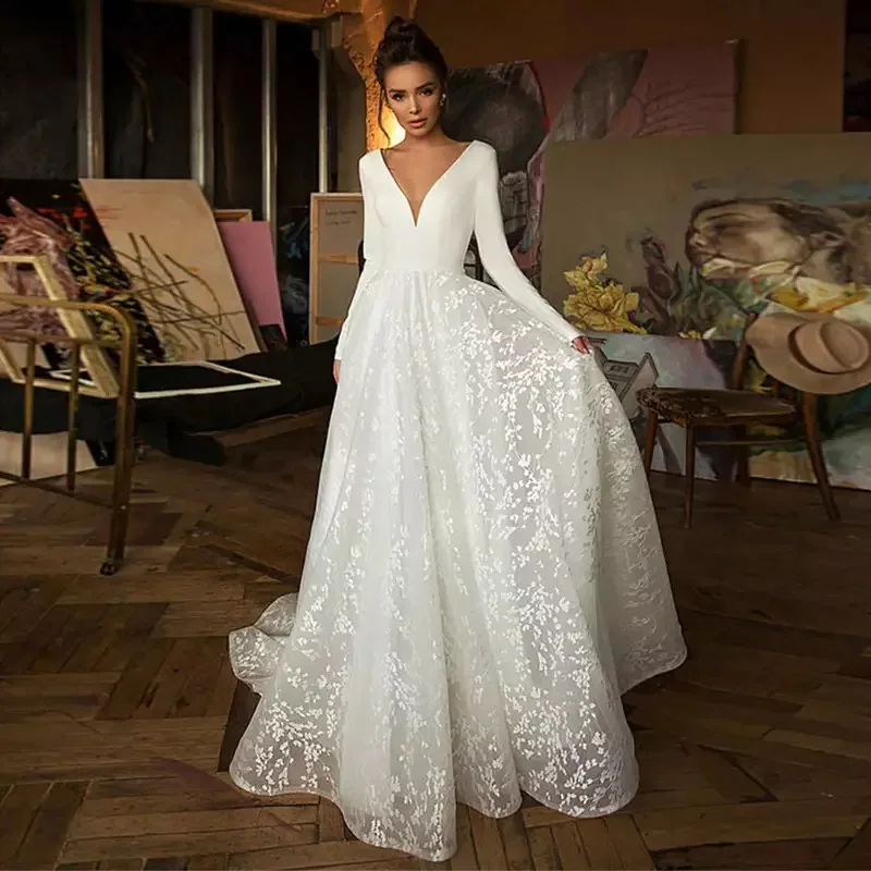 Robe de Mariée Style Boho en Satin à Manches sulf, Tenue Simple pour Future Mariée