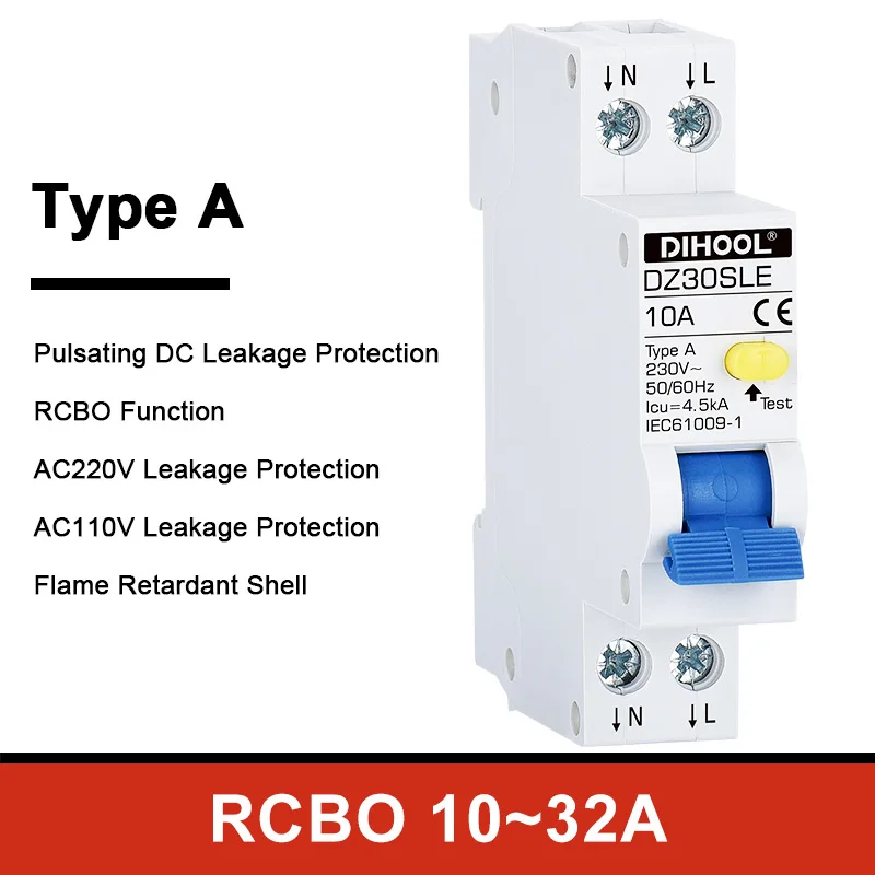 18mm type A Class rccb 110V 220V RCBO 10A 20a 40A 50A 63A 30mA Residual Current Circuit Breaker leakage WIth Overload protection