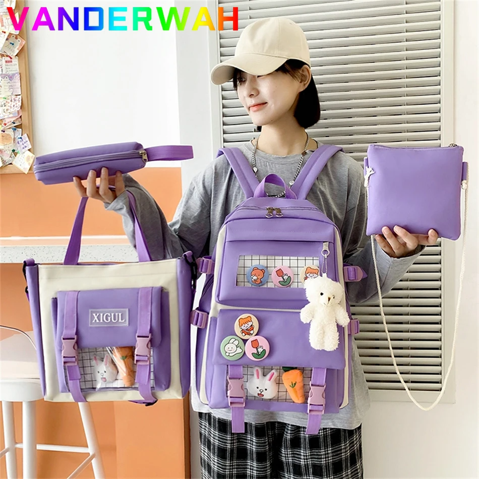 Kawaii Women's School Backpack Cute Bag for Girls 4 Pcs/Set Harajuku Style Female Teenager Laptop Canvas Rucksack Ladies Bookbag