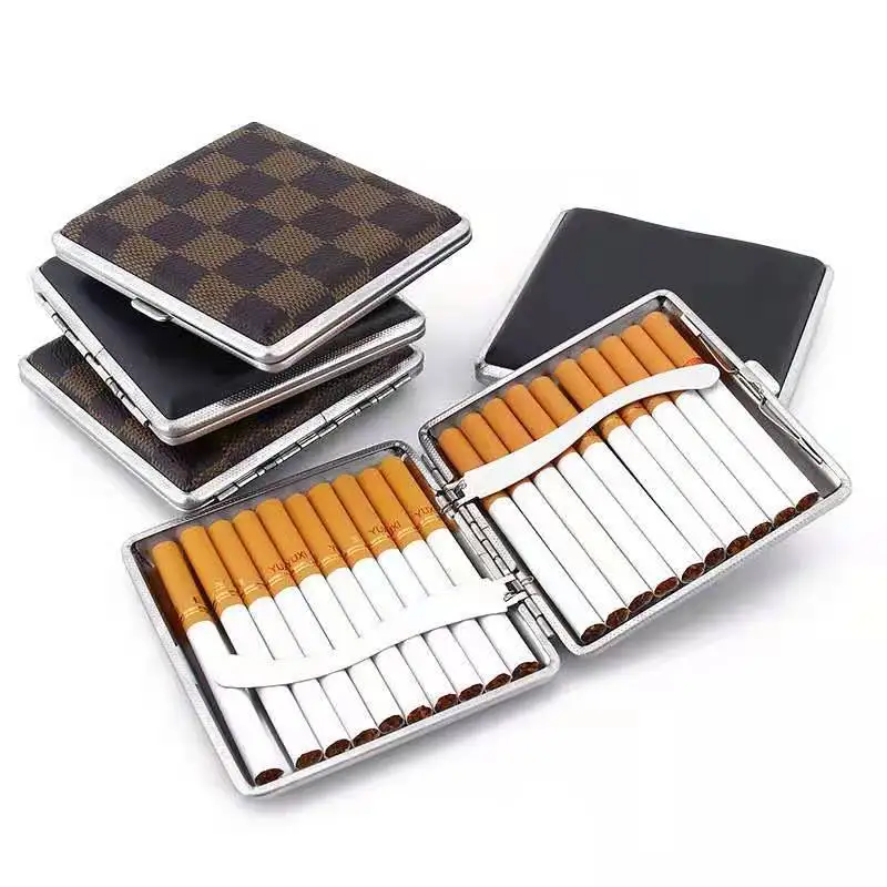 

50pcs Retro Metal with Leather Surface Cigarette Case Double Sided Spring Clip Open Cigarette Box 20 Capacity