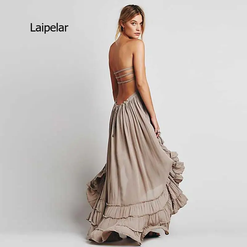 Summer Dress Sexy Backless Bandage Wrap Chest Boho Beach Dress Women Elegant Bohemian Robe Femme Casual Party Maxi Dress