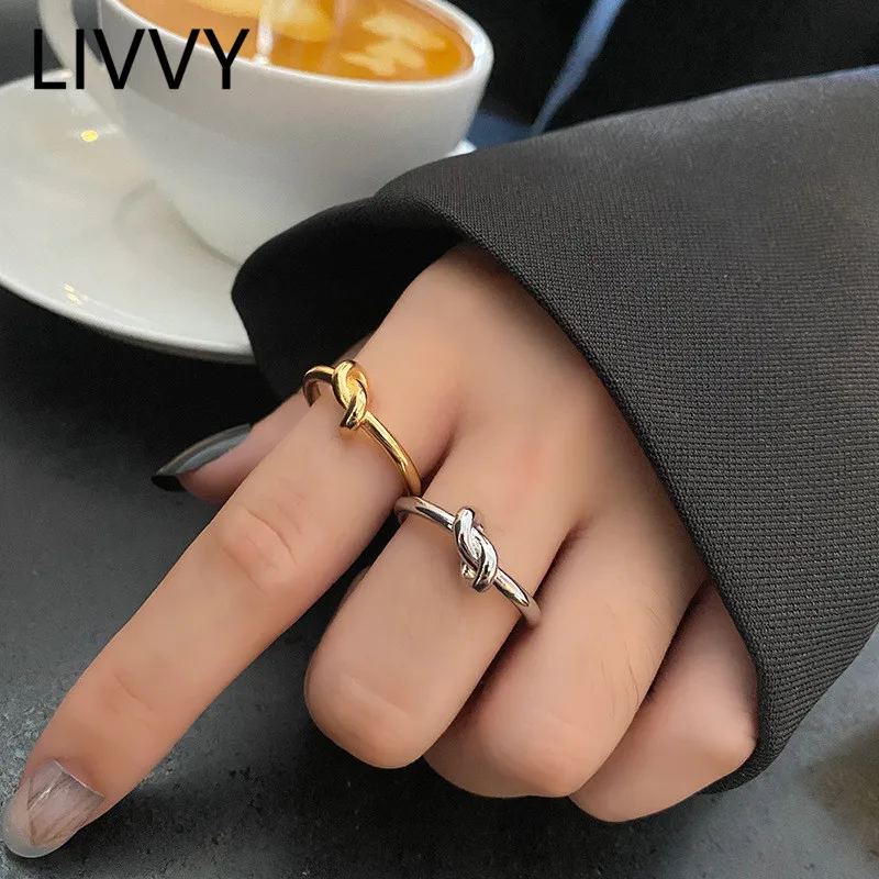 LIVVY Silver Color Minimalist Knotted Adjustable Ring For Women Couple Simple Temperament Jewelry Accessories Prevent Allergy