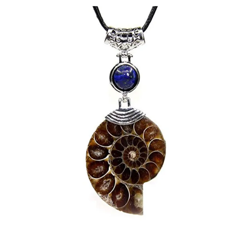 FYSL Silver Plated Irregular Shape Ammonite Reliquiae Pendant with Lapis Lazuli Bead Necklace Amethysts Stone Jewelry