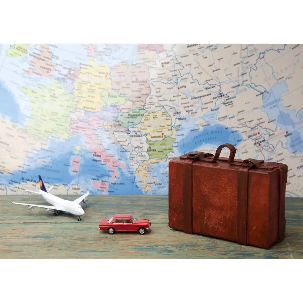 Map Suitcase Plane Car Model Photography Background Vinyl Cloth Fond Backdrop Photo Studio for Children Baby Travel Photoshoot