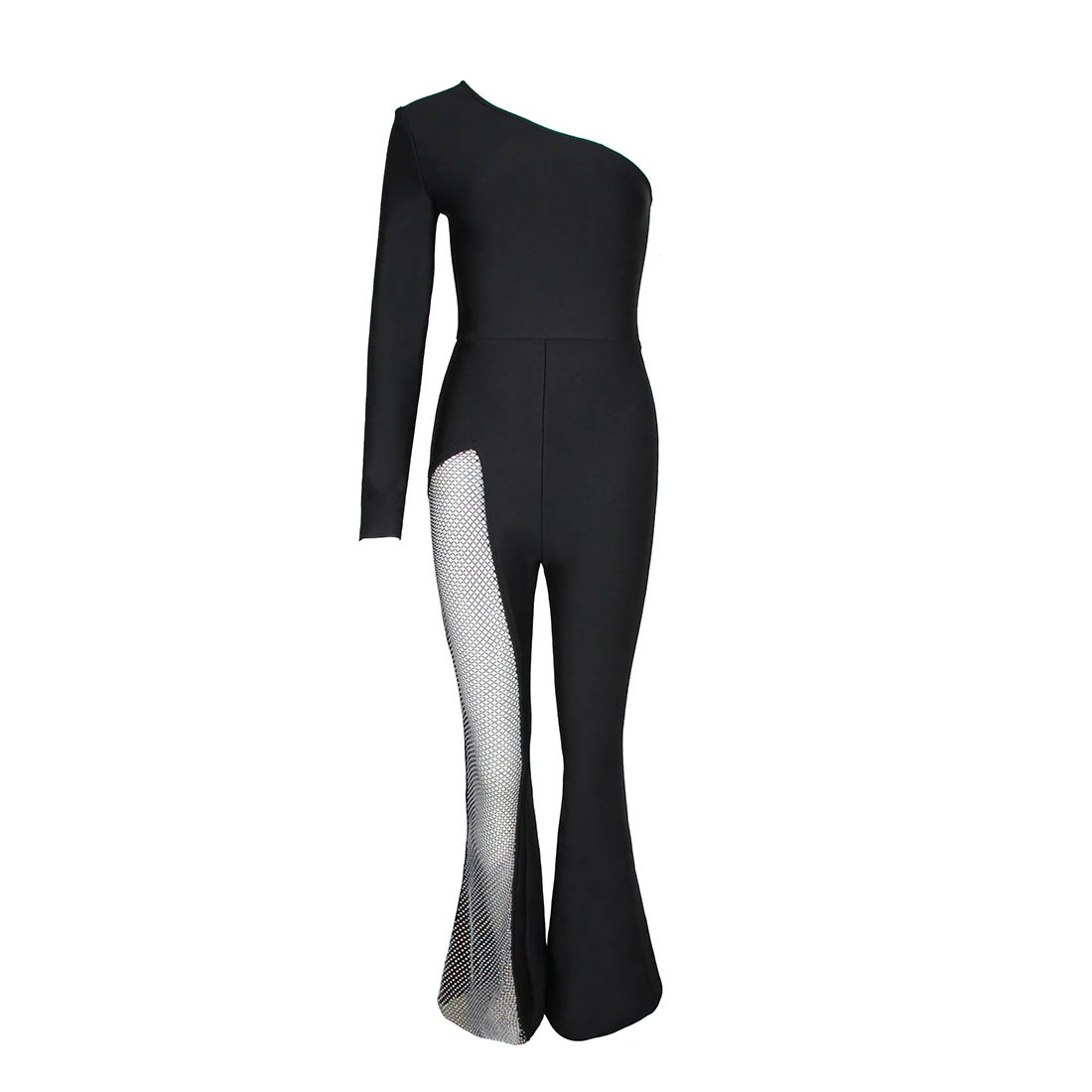 2021 High Quality Women\'s Bandage Jumpsuits One Shoulder Full Sleeve Hollow Out Rhinestone Crystal Diamond Black Celebrity Party