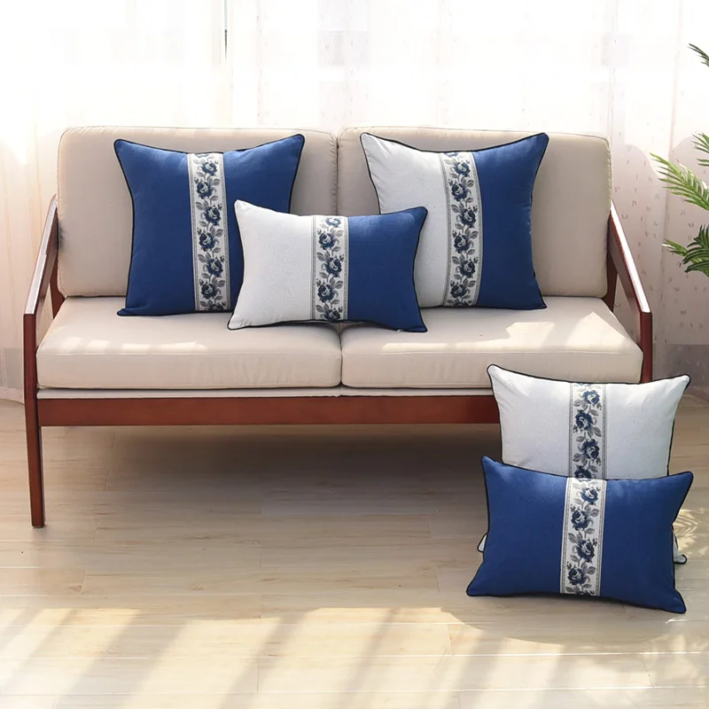 

Modern Simplicity New Chinese Style Blue White Cushion Cover Pillowcase Home Sofa Decoration Splicing Embroidery Flower Cover