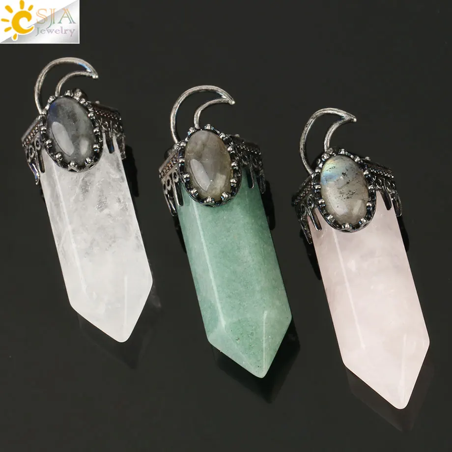 CSJA Natural Stone Crystal Pendants Semi-Precious Necklace Half Moon Pendant Antique Silver Color Hexagon Column Suspension G253