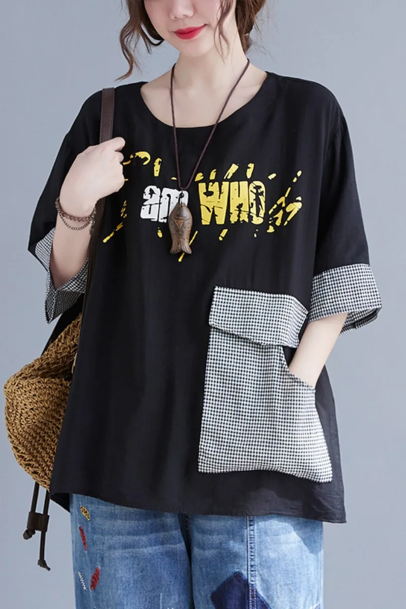 Oversize T-Shirt For Women Elegant Sweet Personalize Letter Printing Patchwork Tops Plaid Pocket Loose Half Sleeve O-Neck Tees