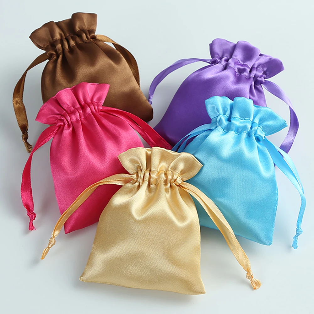 Silk Satin Package Storage Drawstring Bag Jewelry Pouch Wedding Party Packing Custom GIft Pouches Pink/blue/purple/red/silver