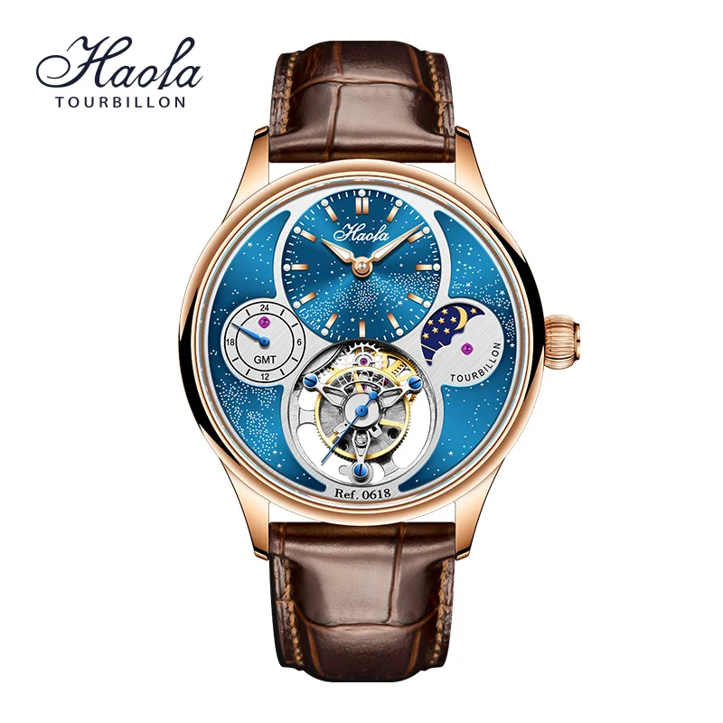 Haofa Luxury Skeleton Tourbillon Sapphire Watch for Men Manual Mechanical GMT Moonphase Wristwatches Casual Business 0618