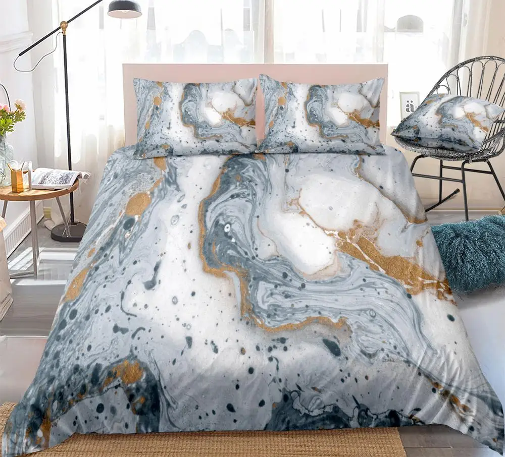 3 Pieces Marble Duvet Cover Set White Gold Grey Marble Abstract Art Design Kids Boys Girls Home Textiles Quicksand King Dropship