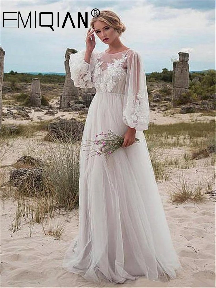 

Fabulous Long Puff Sleeve Wedding Gowns, A-line Tulle Lace Bridal Gown, Appliqued Boho Wedding Dress,Vestido De Noiva