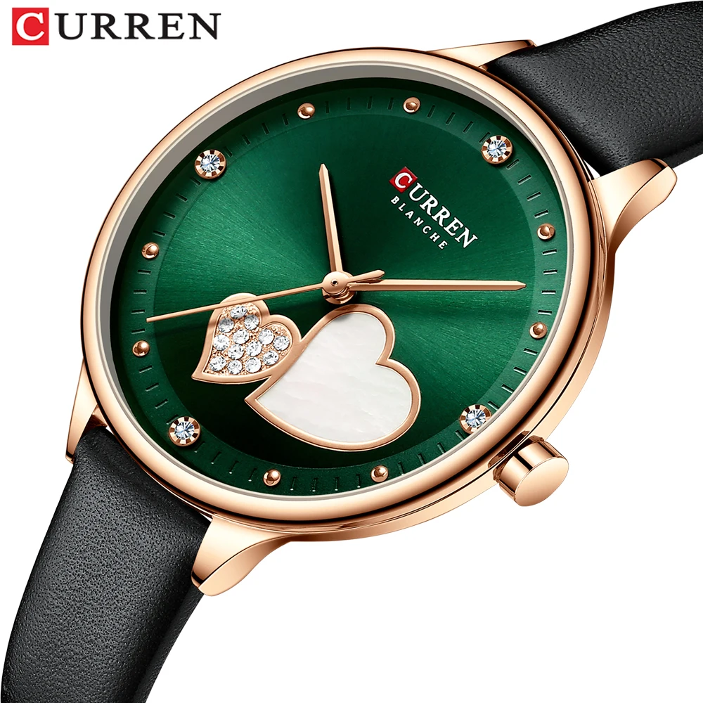 CURREN Women's Watches Top Brand Luxury Quartz Leather Wristwatch with Rhinestone Elegant Thin Clock for Female