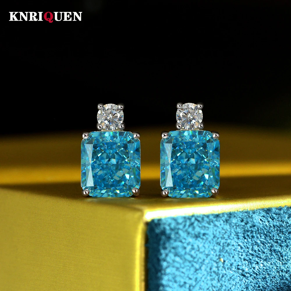 KNRIQUEN 100% 925 Sterling Silver 9*10mm Aquamarine Topaz Paraiba Tourmaline Gemstone Stud Earrings for Women Party Jewelry Gift