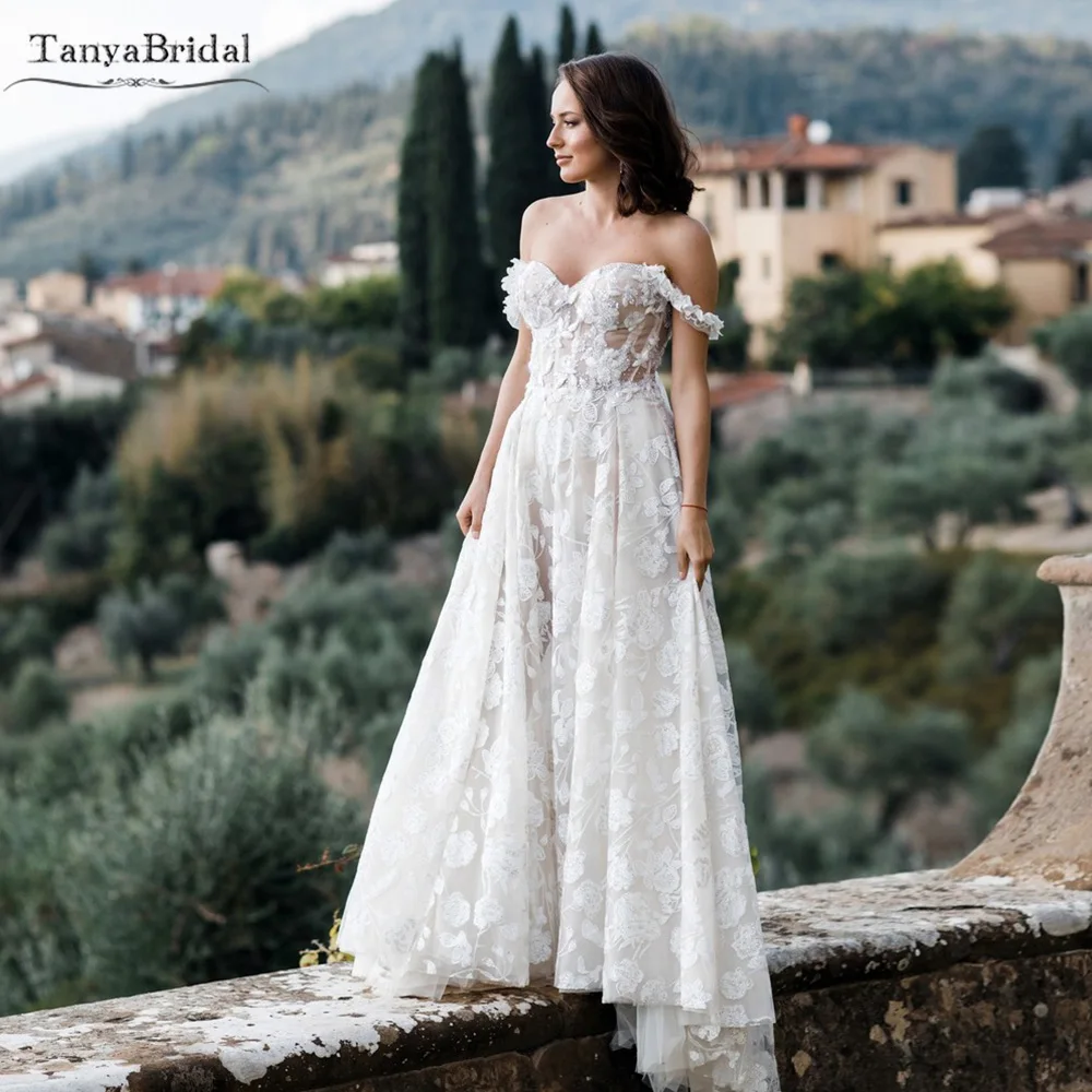 

Off The Shoulder Lace Wedding Dresses Lace Up Back A Line Bridal Gowns Boho Elegant Robe De Soriee DW422