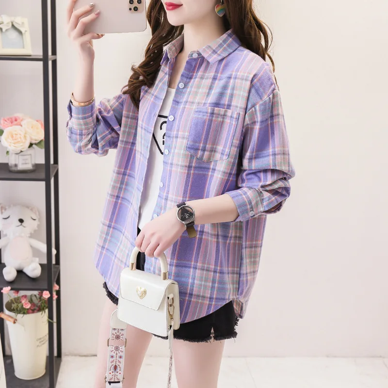 Women's Plaid Shirts 2021 New Ladies Casual Loose Red Black Check Tops College Style Blouses Lady Long Sleeve Blouse Blusas