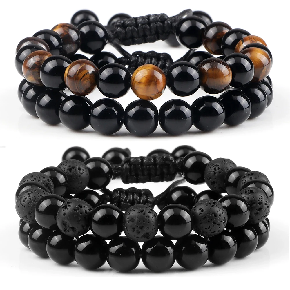 Hot 2pcs/set Men Beaded Bracelets Tiger Eye Lava Natural Stone Onyx Beaded Couple Distance Bracelets For Women Jewelry Pulseras