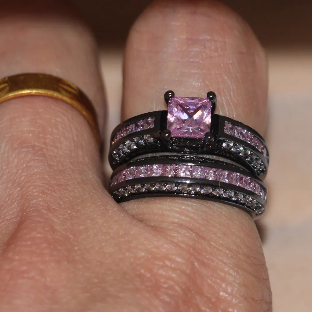Vintage Pink Diamond Ring Sets 10KT Black Gold Filled Engagement Wedding Band Rings for women Bridal set Promise Party Jewelry