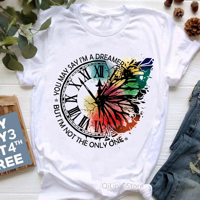 Vintage Butterfly Clock Print T Shirt Women Summer 2024 Clothes Tshirt Ladies Girls Top Female White Short Sleeve T-Shirts Tees