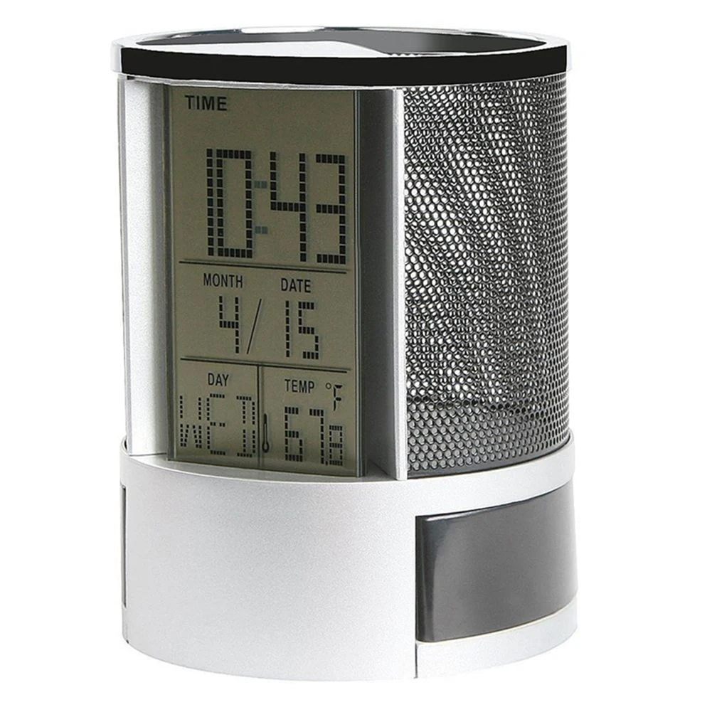 Office LCD Alarm Clock Time Temperature Display Pen Pencil Holder Desk Organizer