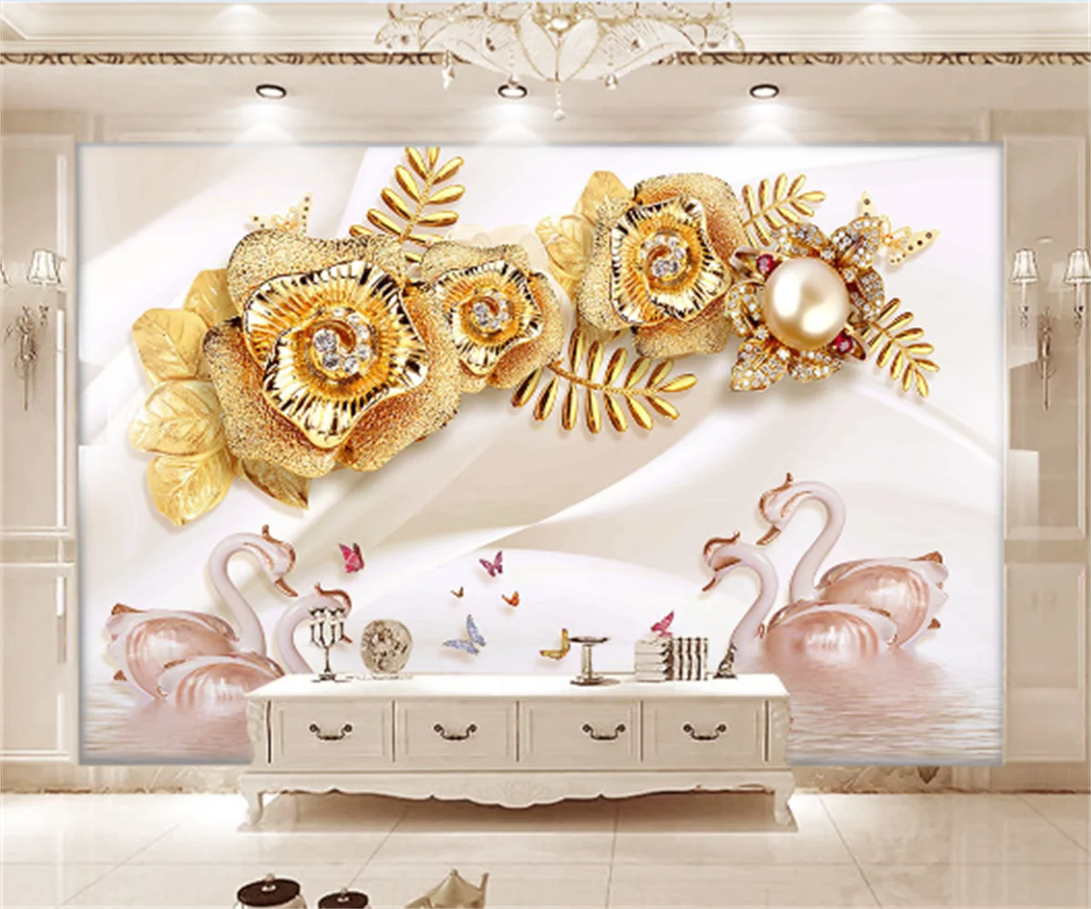 Nordic modern fashion exquisite imitation jewelry gold rose swan lake living room background wallpaper mural photo 3d photo