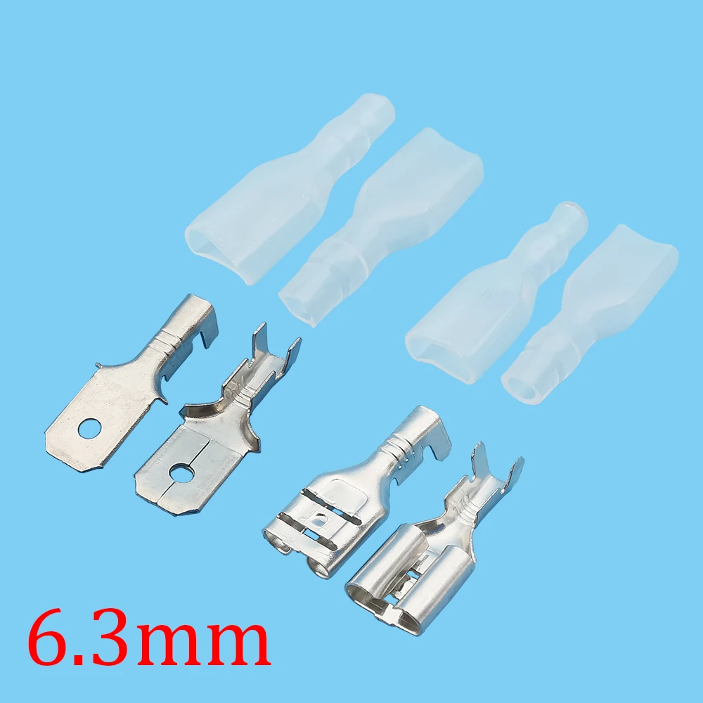 10Set 6.3mm Spade Crimp Wire Terminal Kit Female + Male Plug Socket Spring Leaf Cable Connector +Transparent Insulated Sleeves