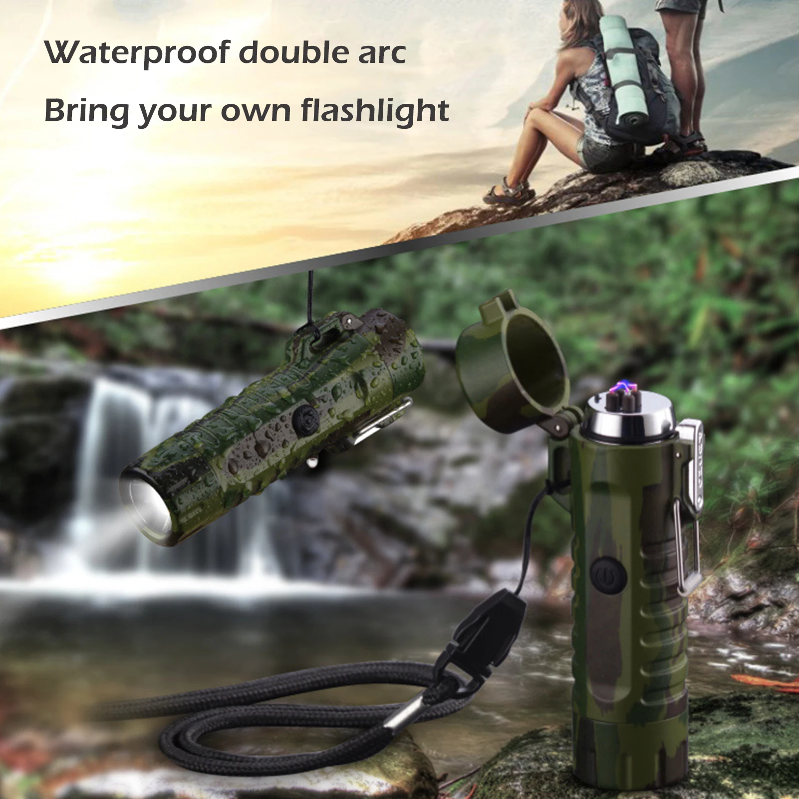 USB Rechargeable Dual Arc Lighter Camping Flashlight Electric Lighter  Long-term sealing waterproof and windproof