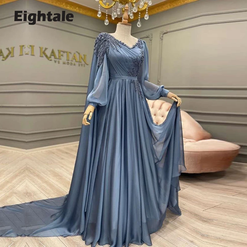 Eightale Dubai Evening Dresses V Neck Beaded Cap Long Sleeves Arabic Prom Gown Muslim Party Dress Customized Plus Size