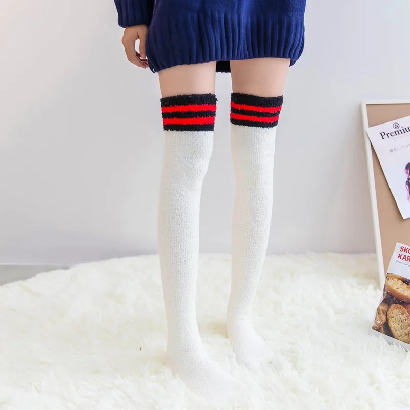 Soft Coral Fleece Knee Socks Winter Warm Girl Women Cute Cartoon Animal Stockings Striped Cozy Thigh High Christmas