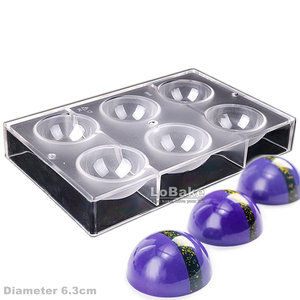 6 cavities 6.3cm diameter 3D half ball shape PC polycarbonate chocolate mold candy mould fondant mousse cake molds DIY baking